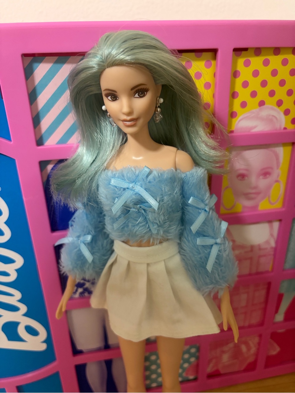 Barbie Blue Fuzzy Off-Shoulder Top with Cream Skirt